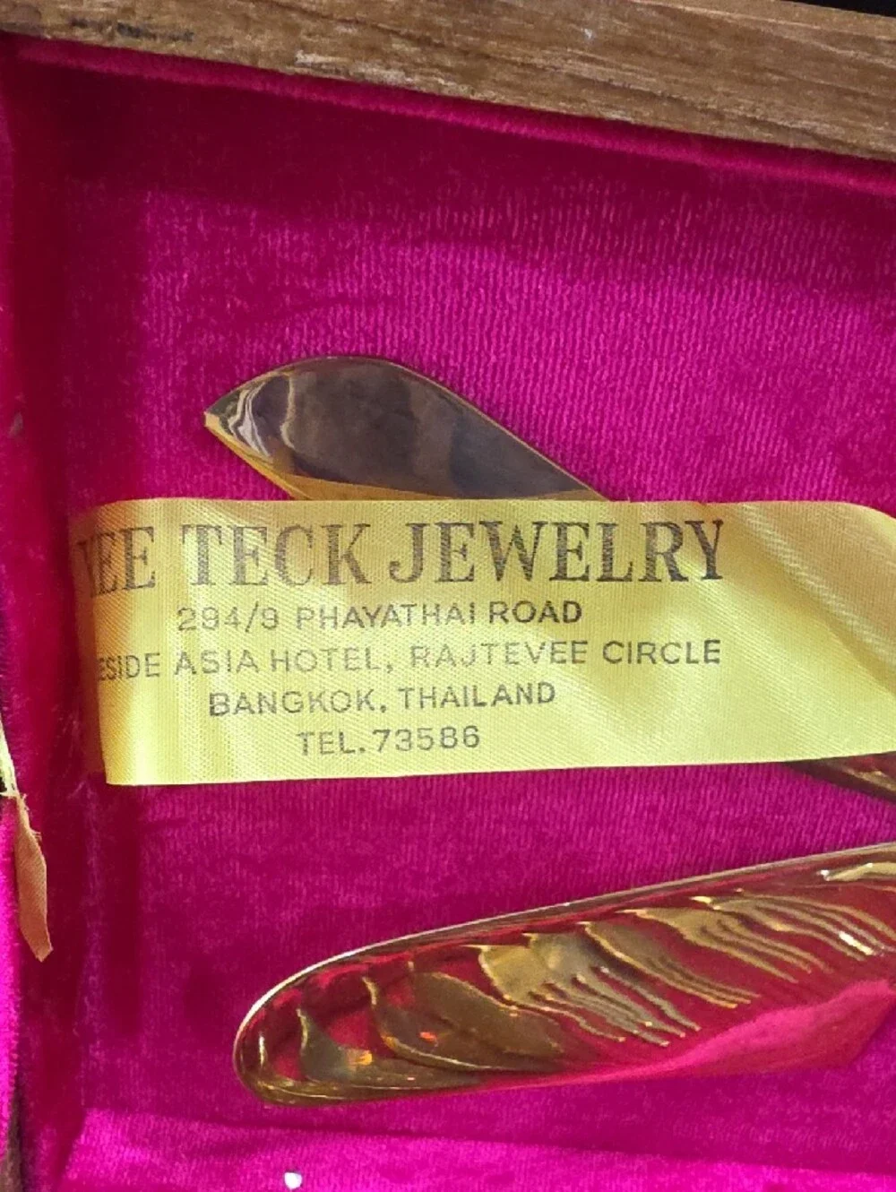 Teck Jewelry Gold-Tone Flatware Set with Pink Velvet Case and Wooden Handles